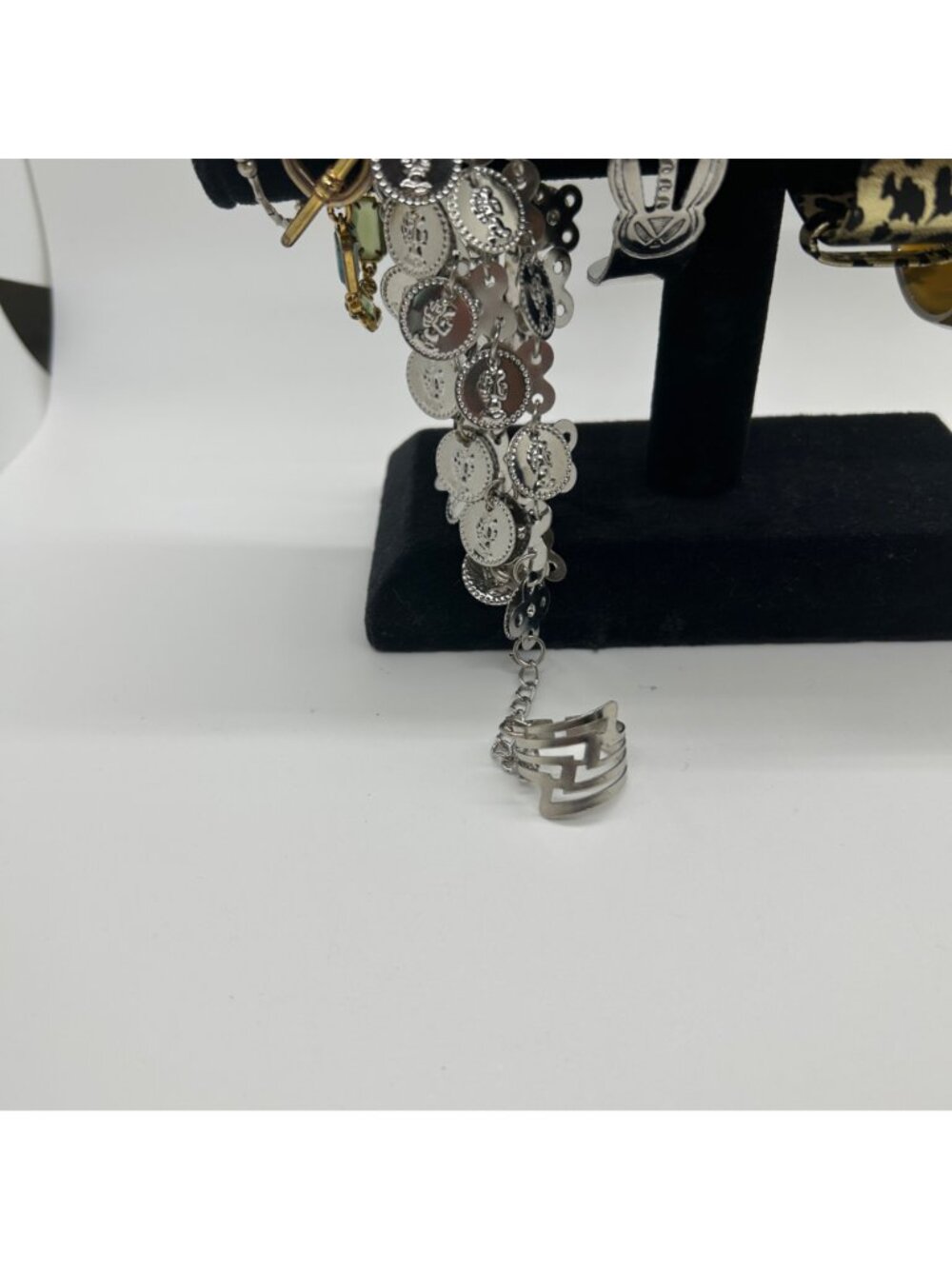 Bohemian Braceley Lot Vintage Silver tone Coin Faux Tiger Eye Leopard Bangle - Picture 7 of 16